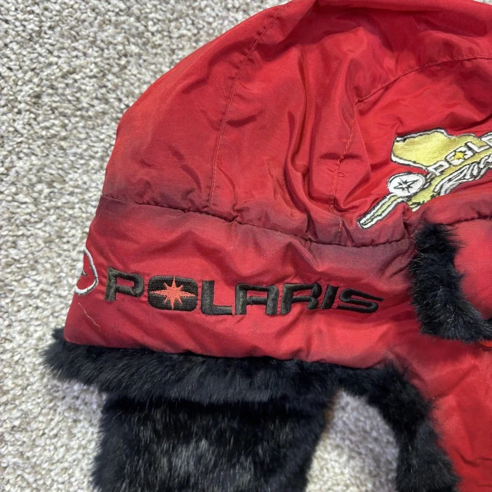 Polaris Trapper Hat‎ Mens XL Red Rabbit Fur Lined Nylon Snowmobile Ski Winter